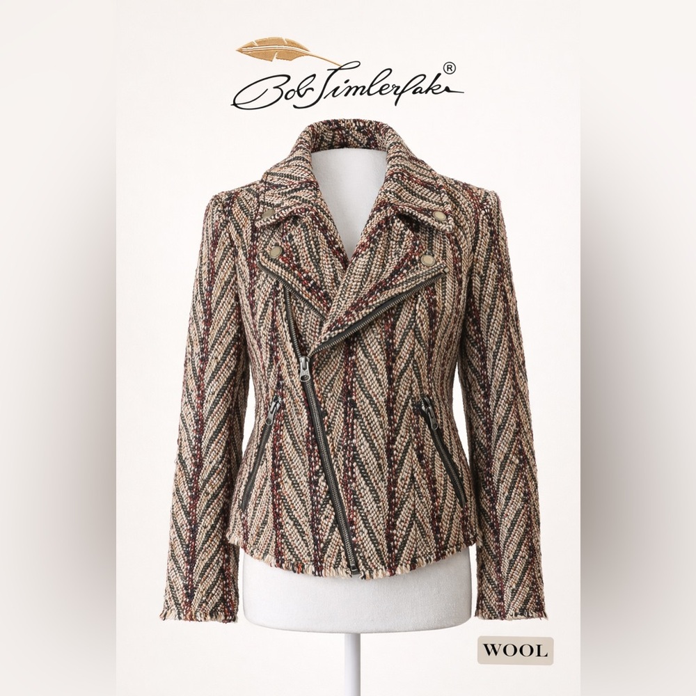 Textured Chevron Tweed Moto Jacket - Beige Multi Wool Blend